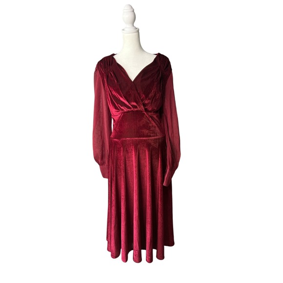 Unique Vintage Velvet Midi Dress Long Sleeve V Neck Evening Party Cocktail Red - Picture 1 of 7